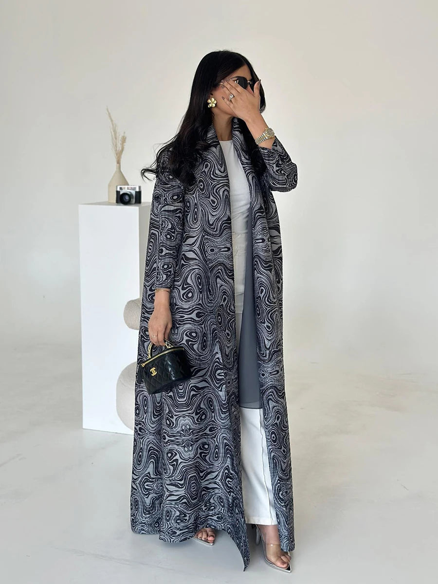 Miyake Pleated Abaya Coat – Vintage Print Designer Jacket