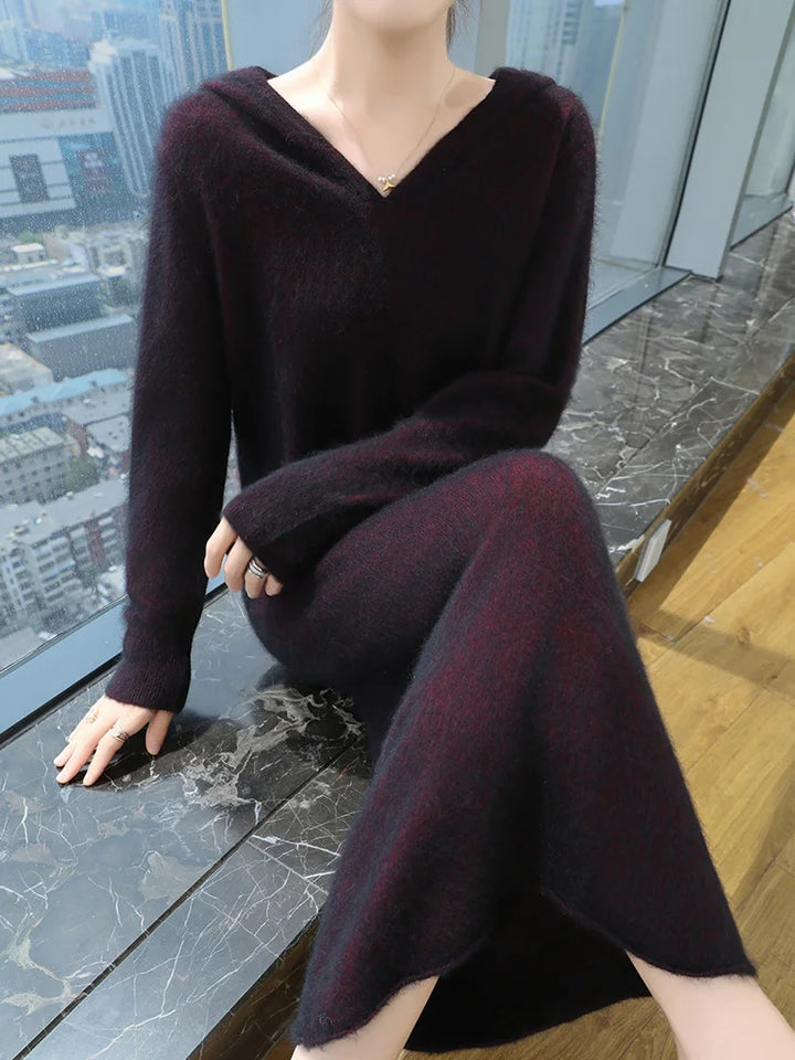 100% Pure Mink Cashmere Knitted Hooded Collar Dress