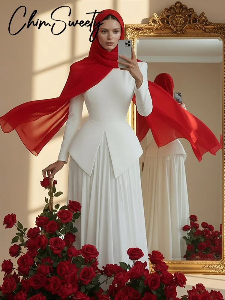 Elegant Solid Women's Blazer Skirts Suit Split Coats Chiffon Skirt Lady  2 Pieces Set