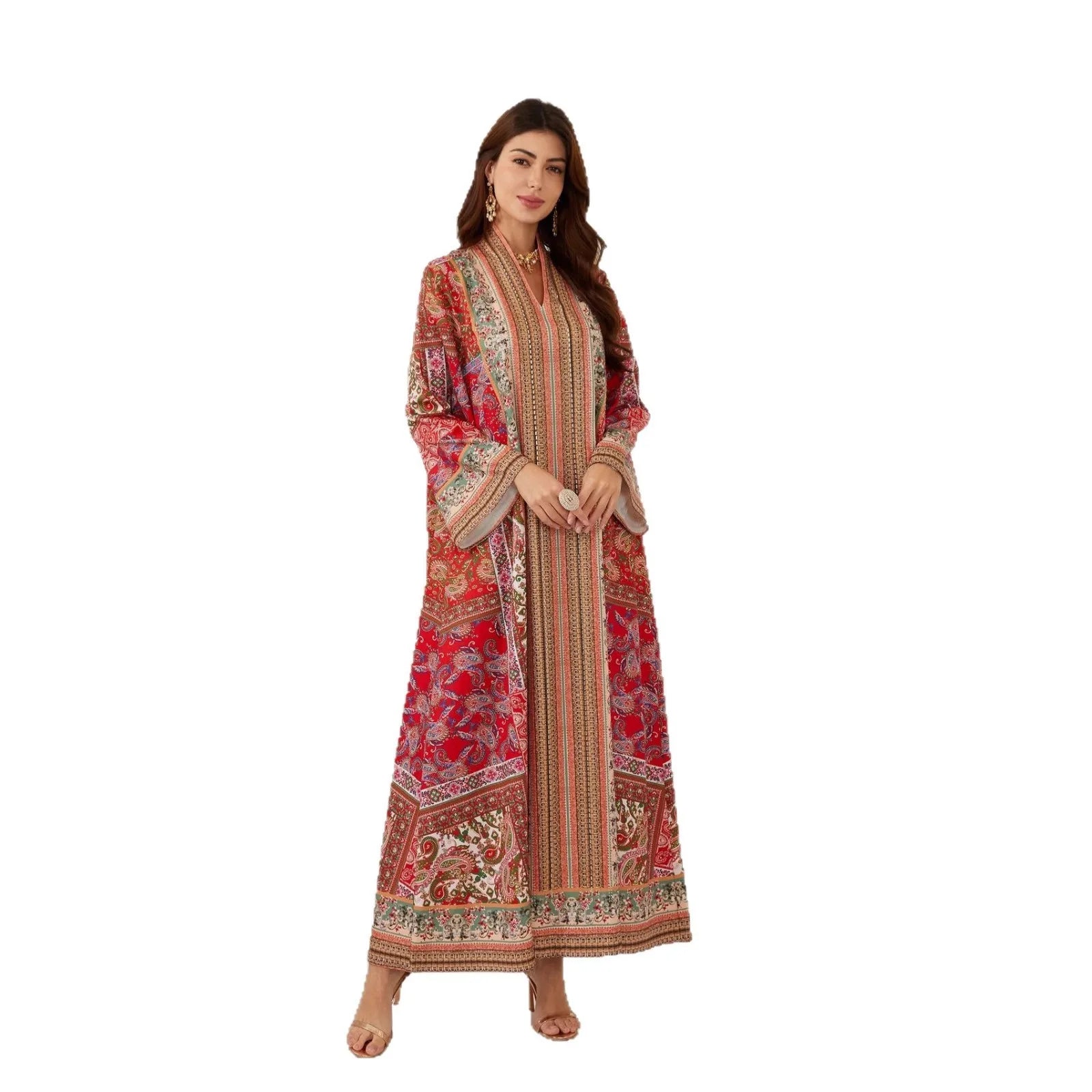 Elegant Paisley Rhinestone Kaftan Abaya – V-Neck Modest Maxi Dress