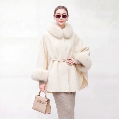 New detachable fox fur collar cape 100 wool double-sided woolen coat