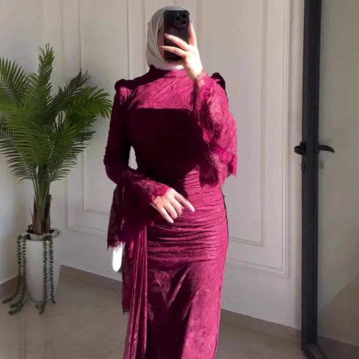 Eid Dress Muslim Women Abaya Kaftan Vestidos Flare Sleeve Lace Party Dresses