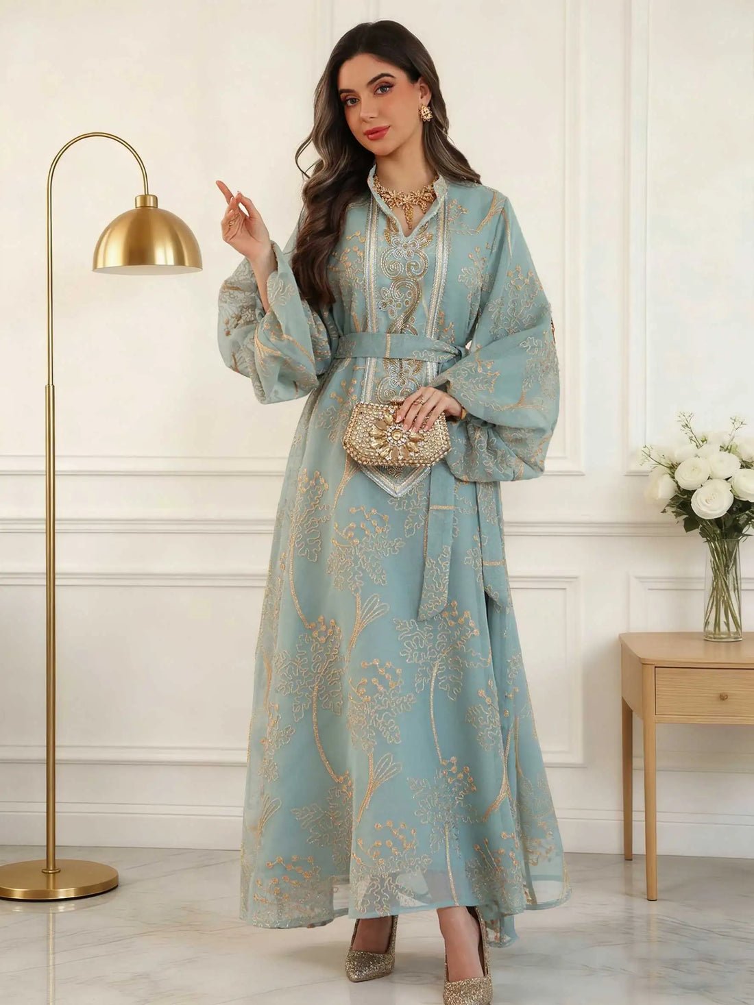 Floral Gold Embroidery Abaya – Casual Ramadan Dress