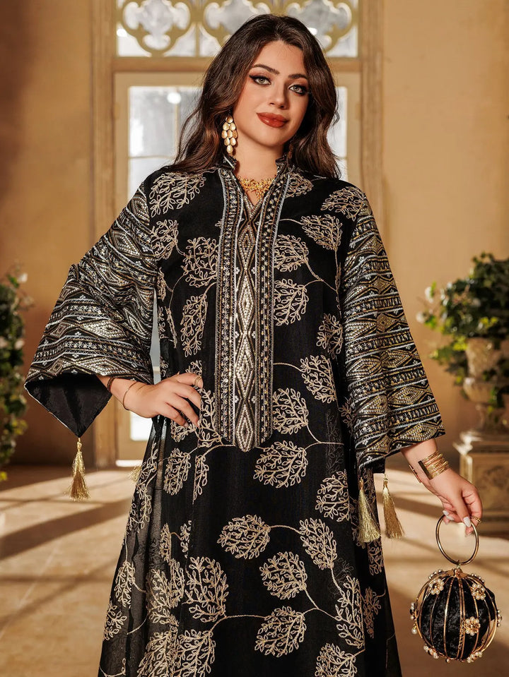 Black Embroidered Abaya – Gold Detail Formal Dress
