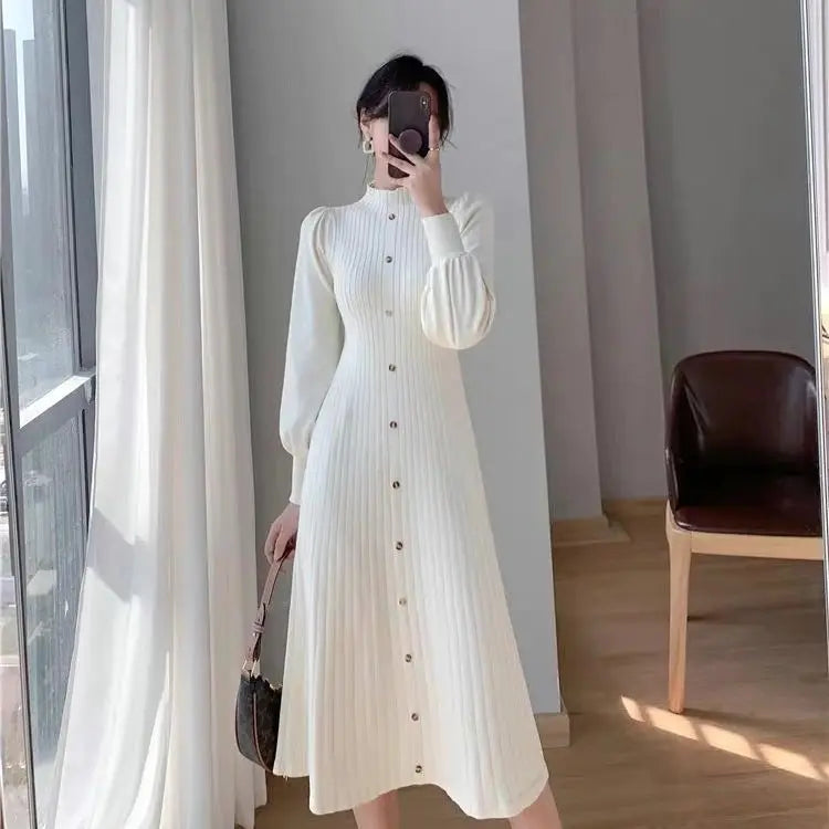 Spring Autumn Solid Color Midi Dress