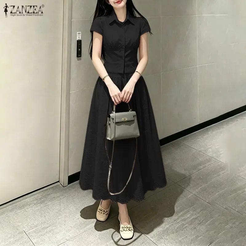 Women's Elegant Chic Skirt Sets Short Sleeve Short Shirt & Embroidered Maxi