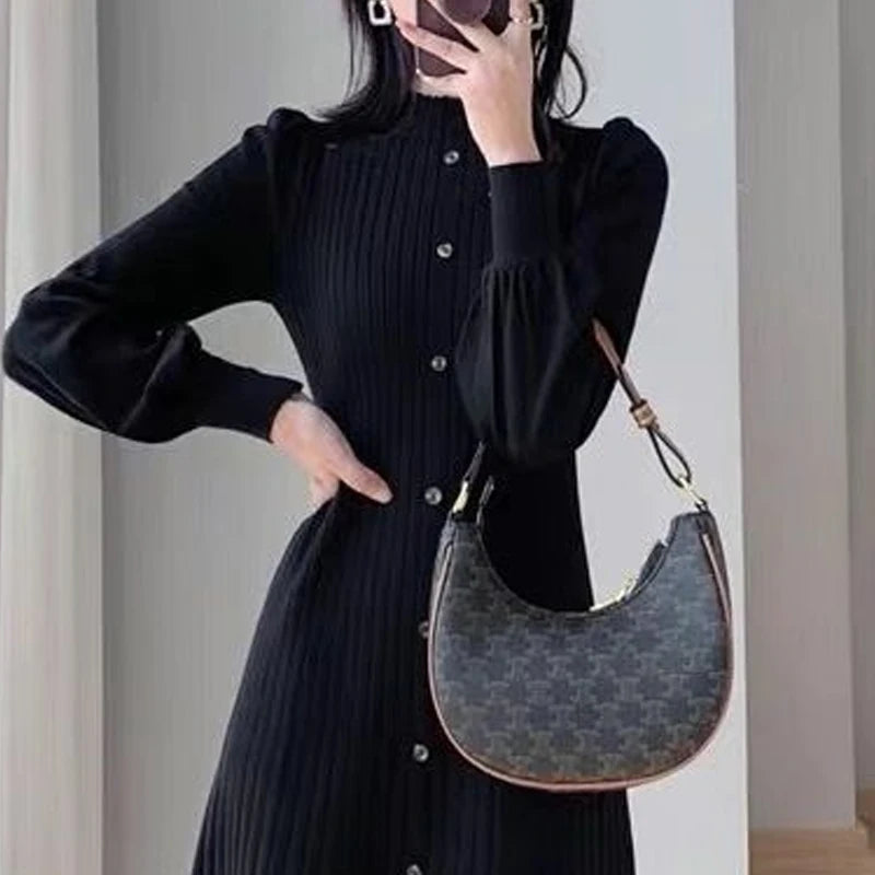 Spring Autumn Solid Color Midi Dress