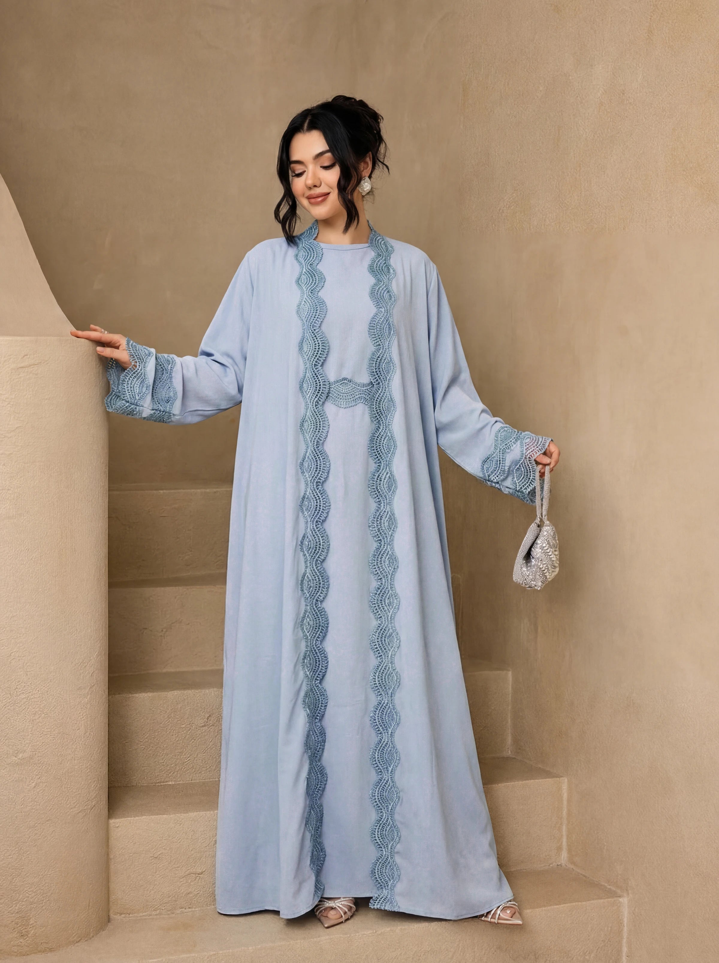 3-Piece Lace Trim Open Abaya Set – Modest Dress with Hijab & Belt