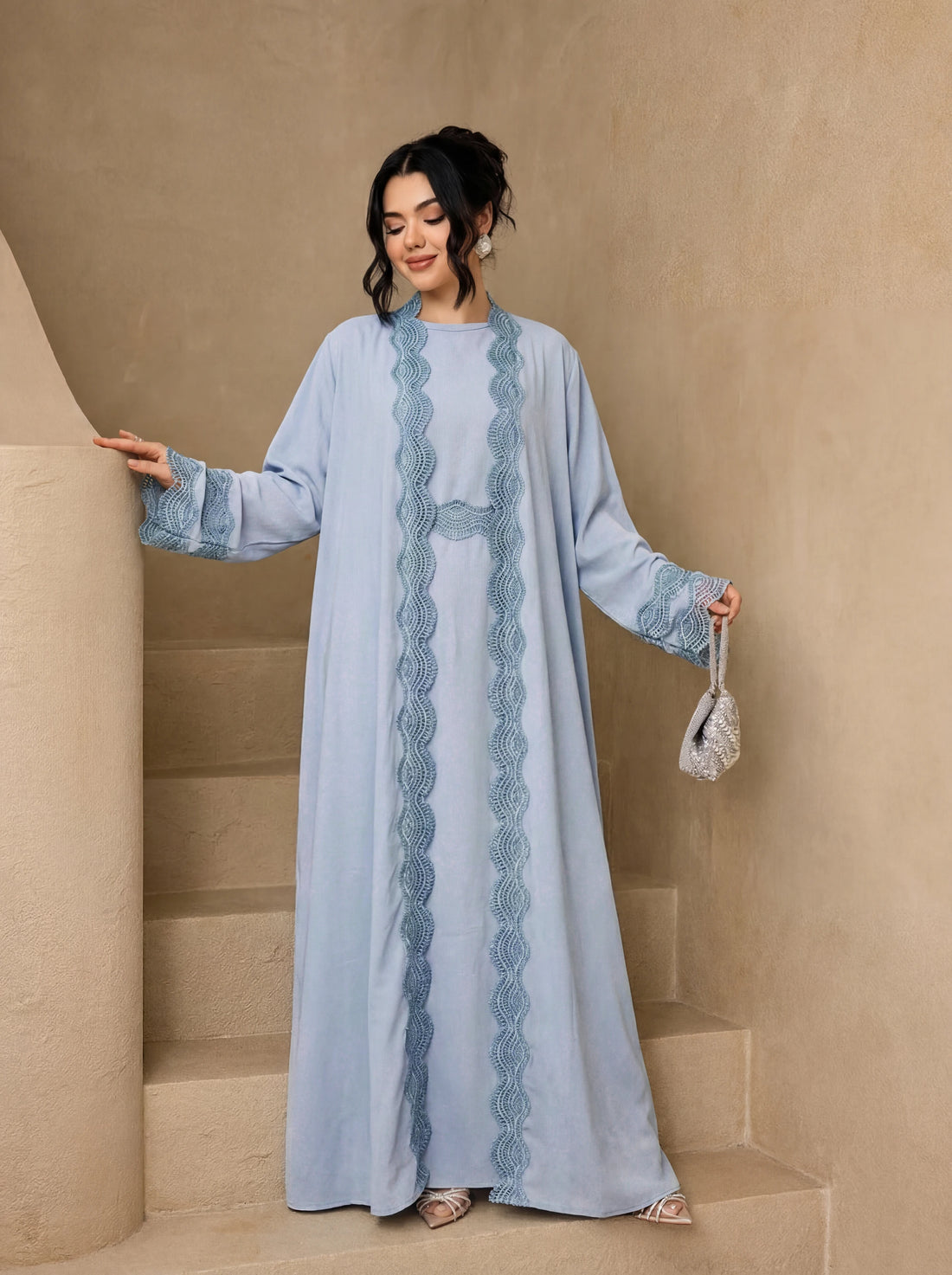 3-Piece Lace Trim Open Abaya Set – Modest Dress with Hijab & Belt