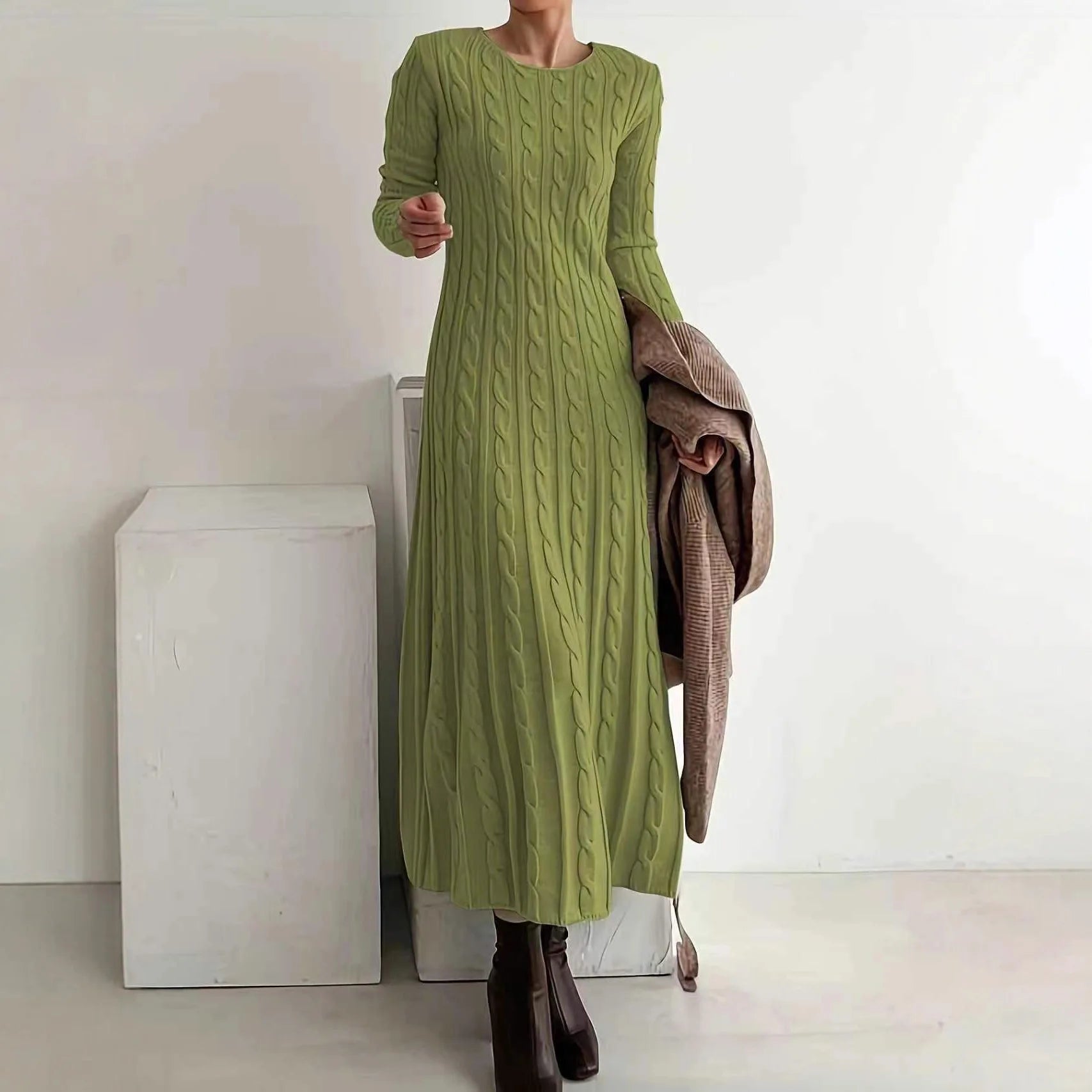 Women 2026 Autumn Winter Round Neck Fitted Cable Knit Sweater Maxi Dress