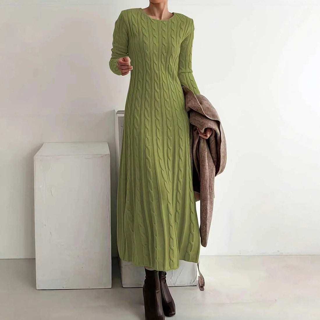 Women 2026 Autumn Winter Round Neck Fitted Cable Knit Sweater Maxi Dress