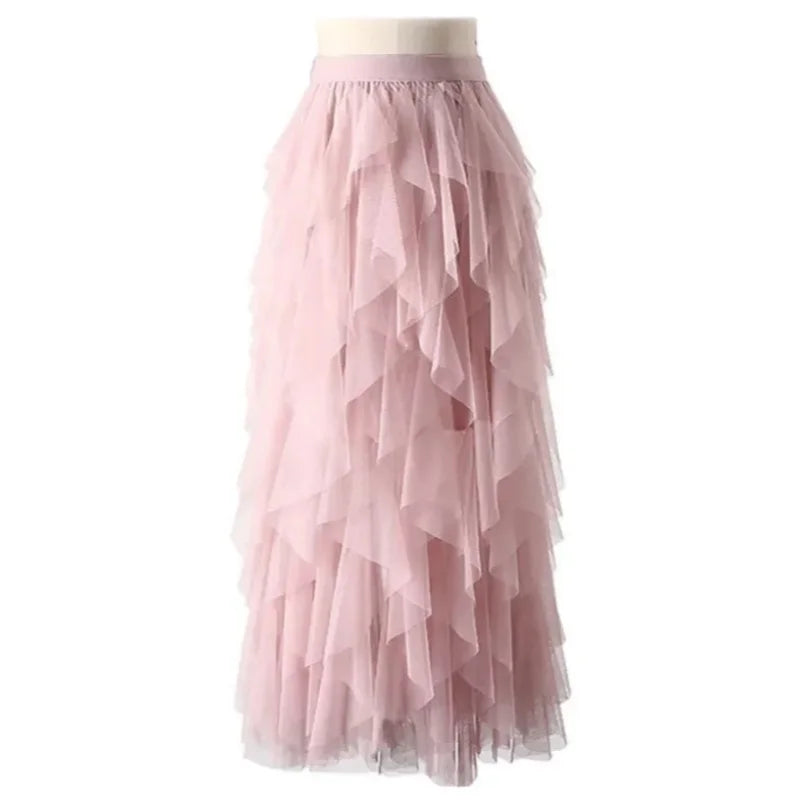 Womens Elastic High Waist Tulle Mesh Irregular Tutu Skirt