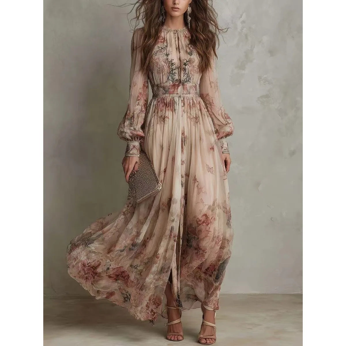 Vintage Floral Print High Waist Pleated Long Dress