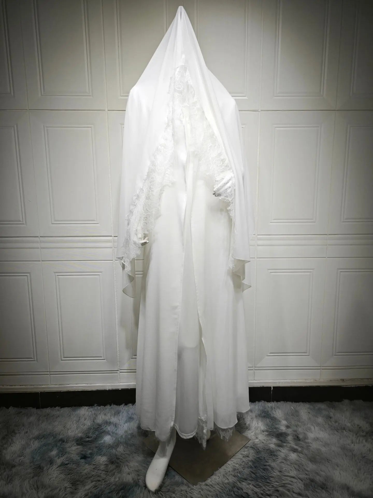 White Chiffon Abaya Set – Lace Sleeve & Hijab Included