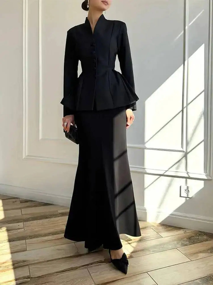 Autumn New Stand Up Collar Long Sleeve Waist Tight Women's Fashion Two Piece Set