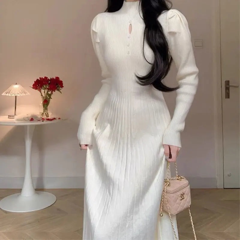 Solid Half High Collar Long Sleeve Jersey Dress