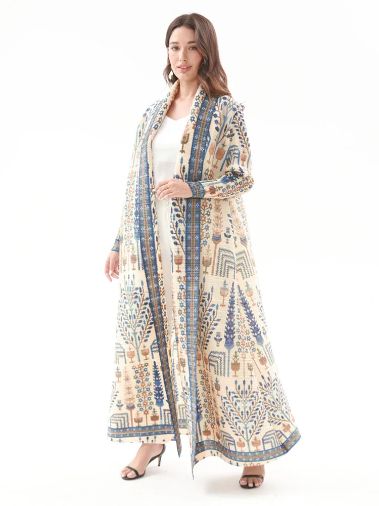 Miyake Pleated Abaya Coat – Vintage Print Designer Jacket