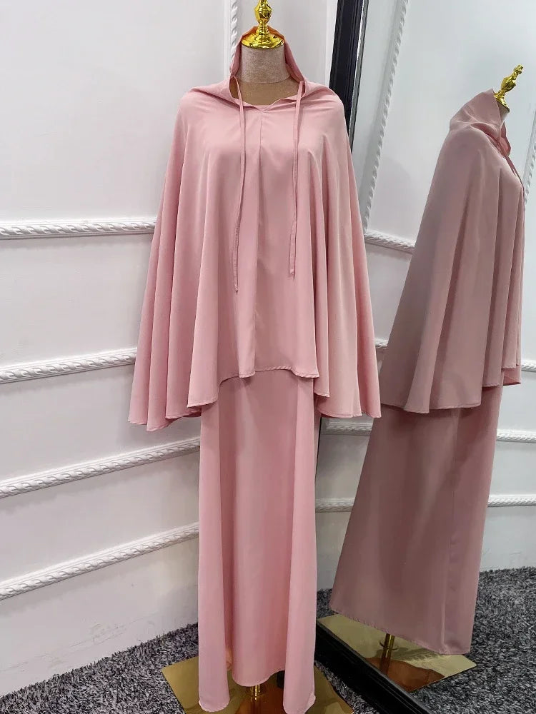 Eid Hooded Muslim Women  Long Khimar Hijab Dress Set