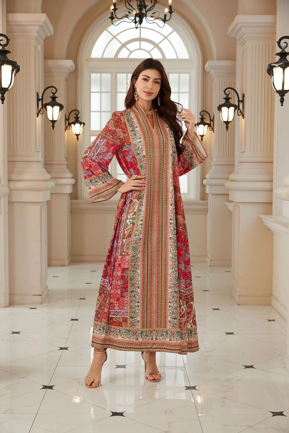 Elegant Paisley Rhinestone Kaftan Abaya – V-Neck Modest Maxi Dress