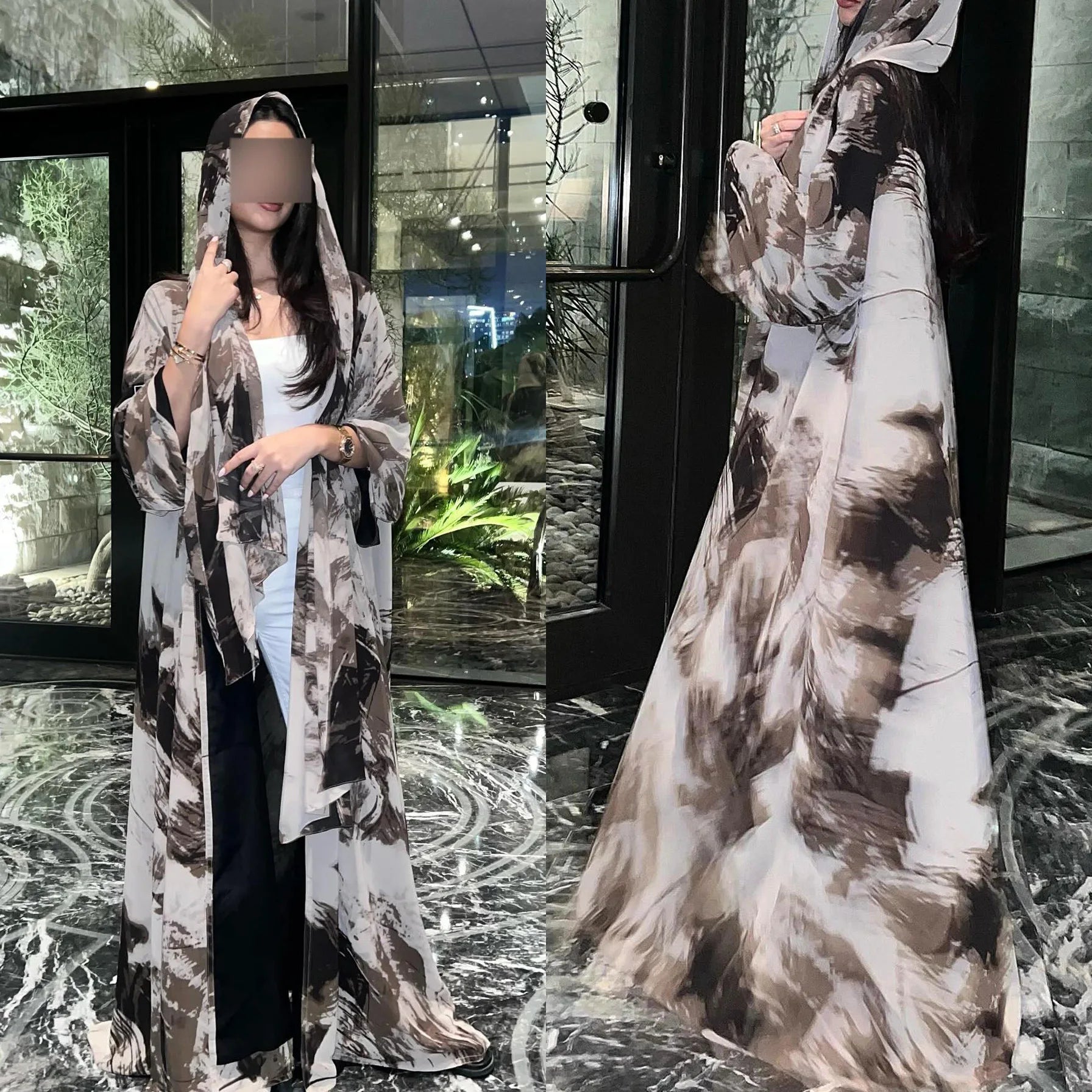 Ink Wash Print Open Abaya – Hijab Cardigan Robe