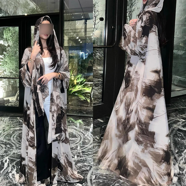 Ink Wash Print Open Abaya – Hijab Cardigan Robe