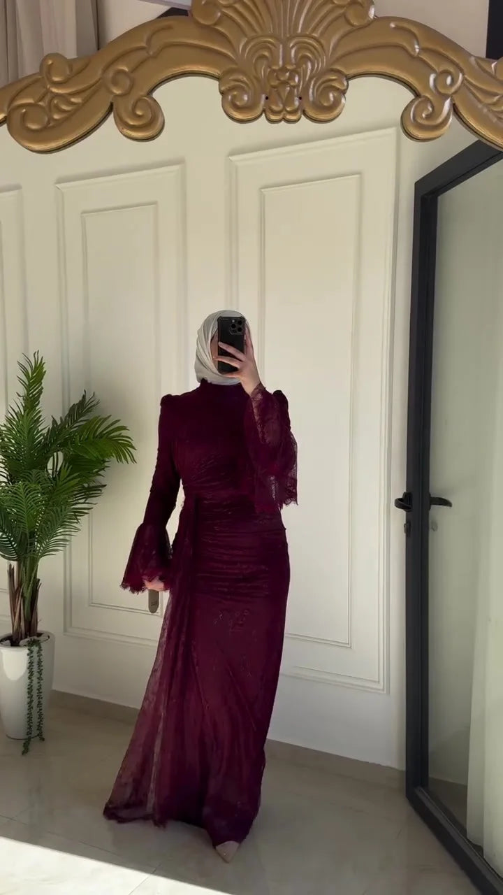 Eid Dress Muslim Women Abaya Kaftan Vestidos Flare Sleeve Lace Party Dresses