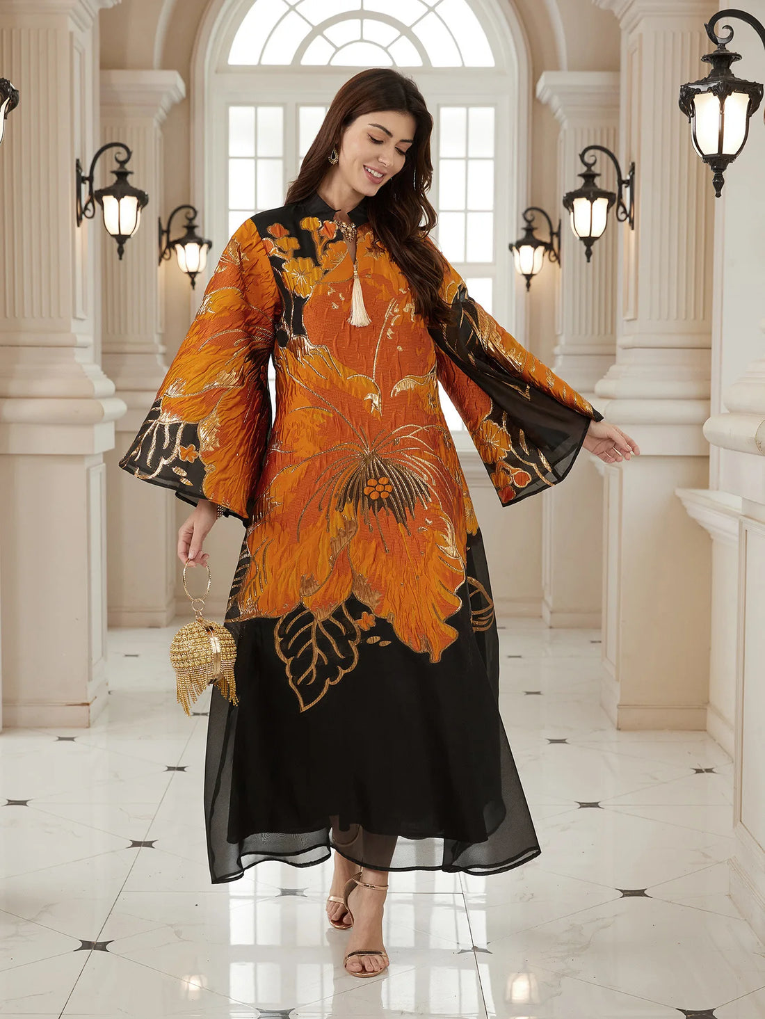 Floral Print Party Abaya – Eid Dubai Caftan Robe