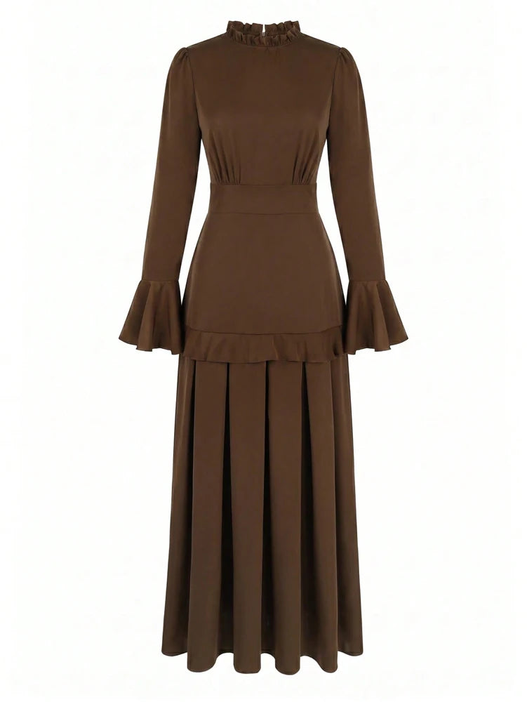Fall 2026 New Arrivals: Women's Satin Fitted-Waist Bell-Sleeve Maxi Dress—