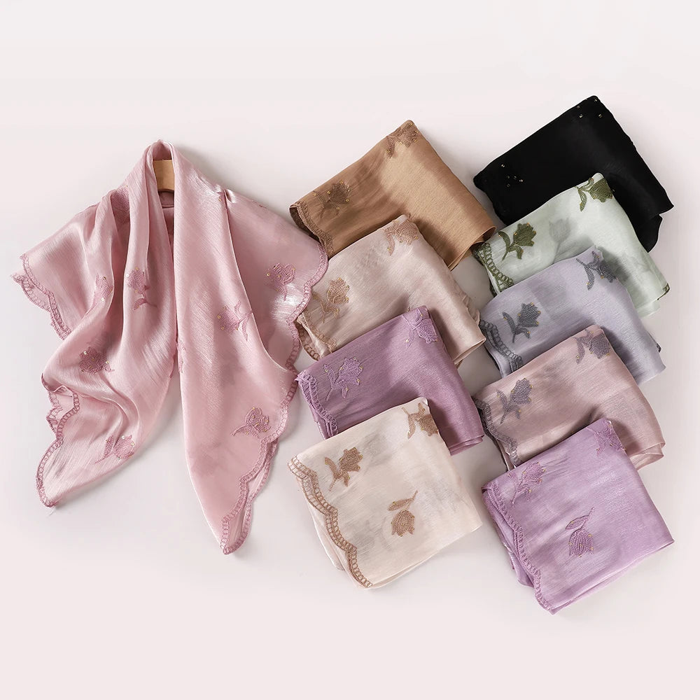 90×90cm Floral Embroidery Chiffon Hijab – Lightweight Shimmer Scarf