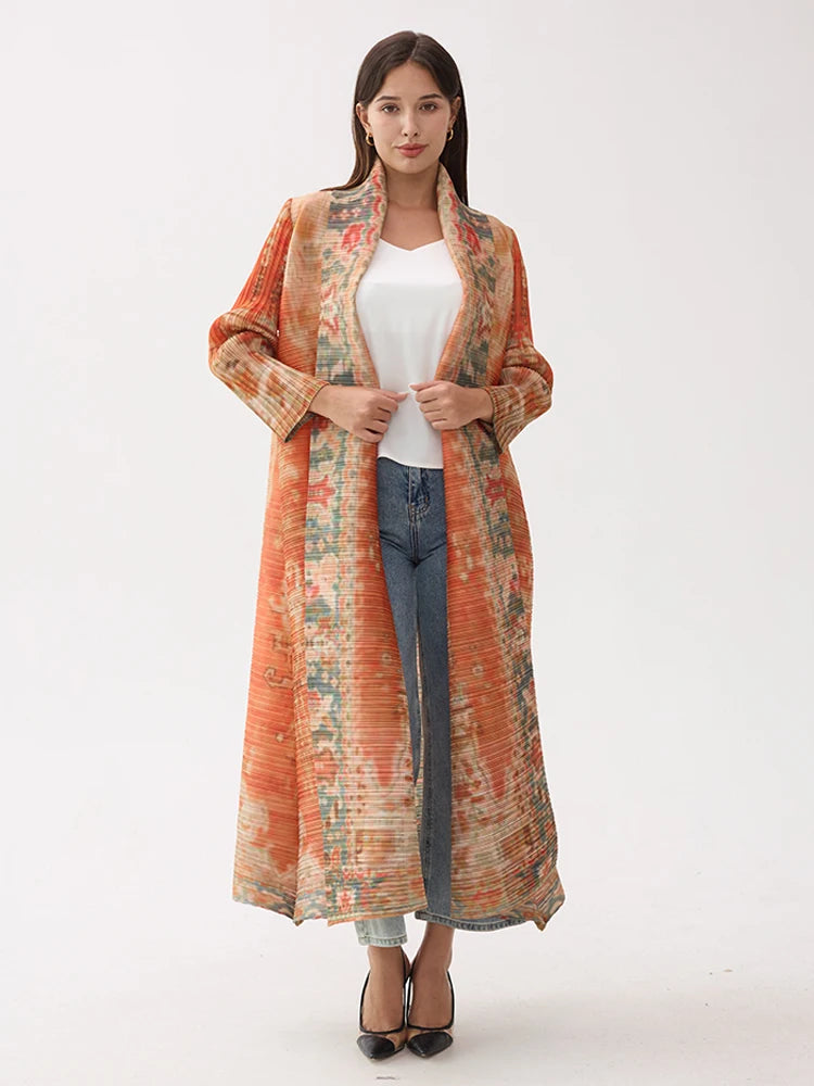 Miyake Pleated Abaya Coat – Vintage Print Designer Jacket