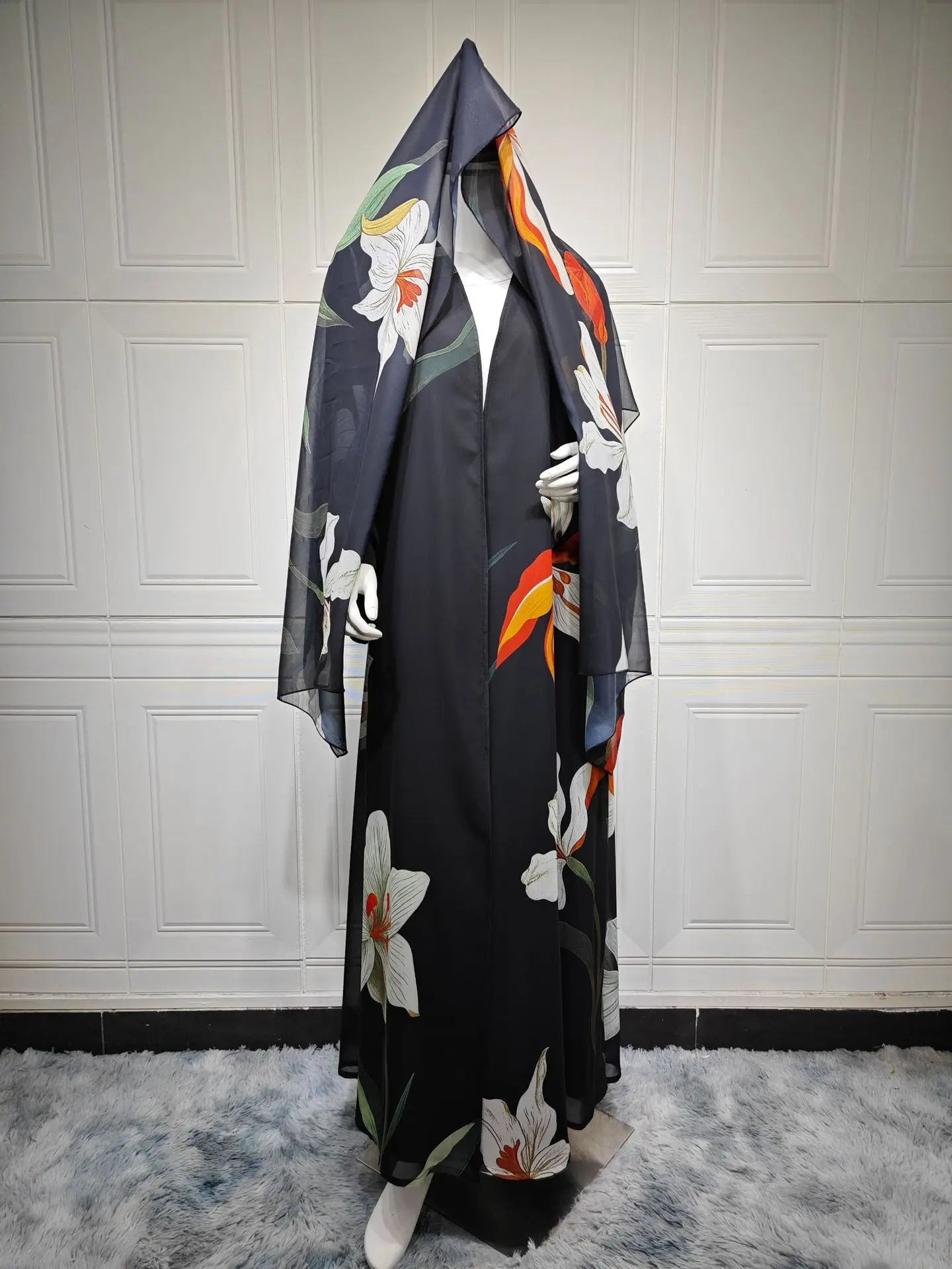 Scarf Print Abaya Cardigan – Long Moroccan Party Robe