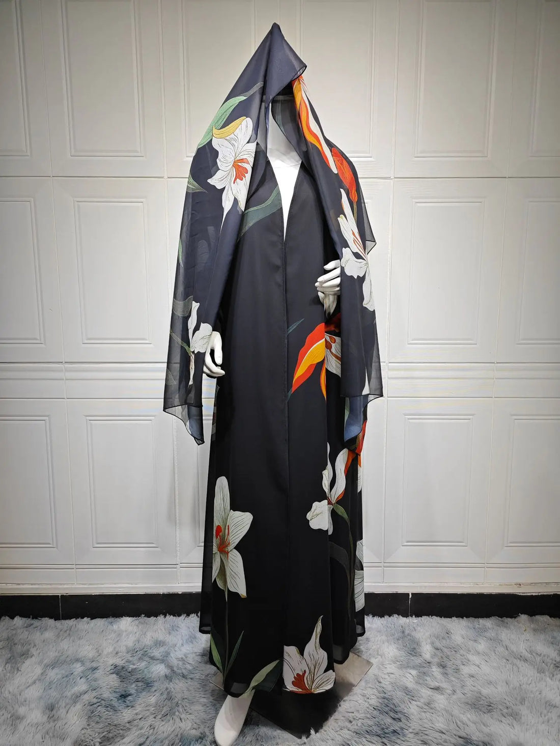 Scarf Print Abaya Cardigan – Long Moroccan Party Robe