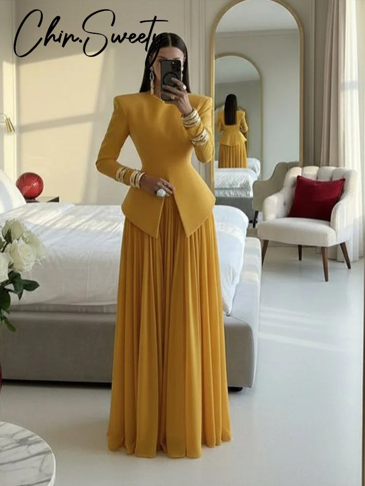 Elegant Solid Women's Blazer Skirts Suit Split Coats Chiffon Skirt Lady  2 Pieces Set