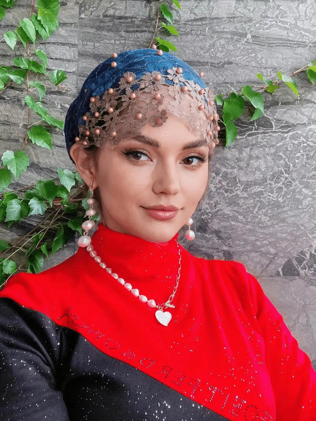 Elegant Floral Beaded Turban Hijab – Soft Stretch Head Wrap