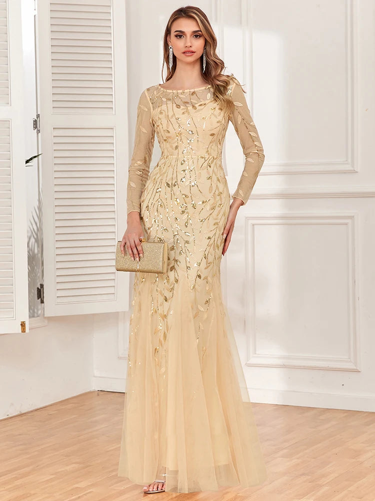 Elegant Mermaid Tulle Evening Gown – Long Sleeve Floral Embroidered Dress