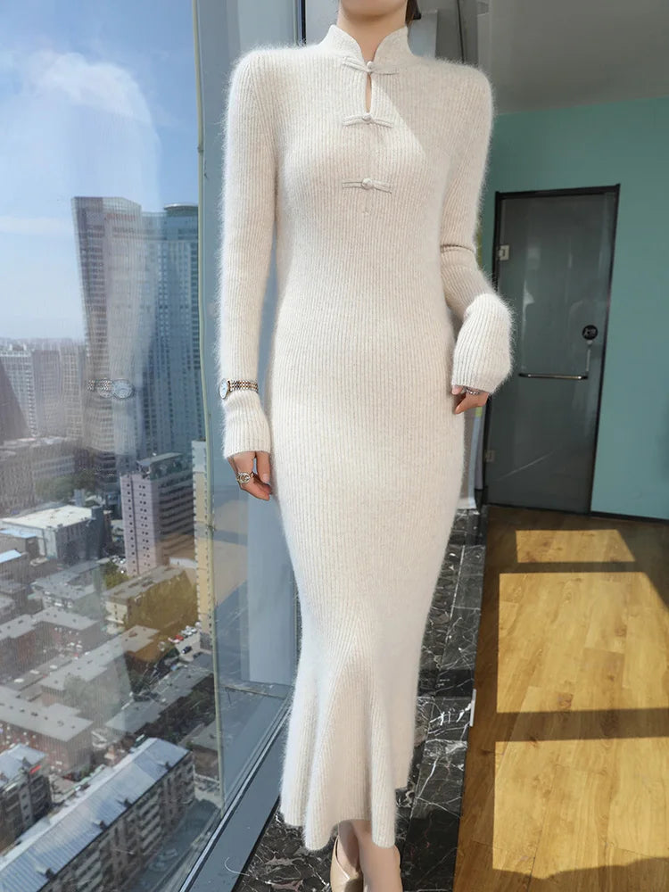 100% Mink Cashmere Knitted Thick Sweater Dress