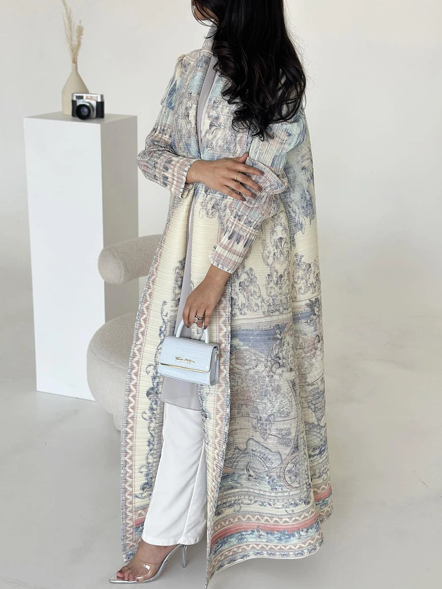 Miyake Pleated Abaya Coat – Vintage Print Designer Jacket