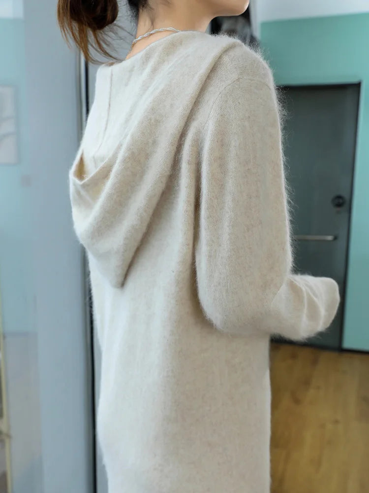 100% Pure Mink Cashmere Knitted Hooded Collar Dress