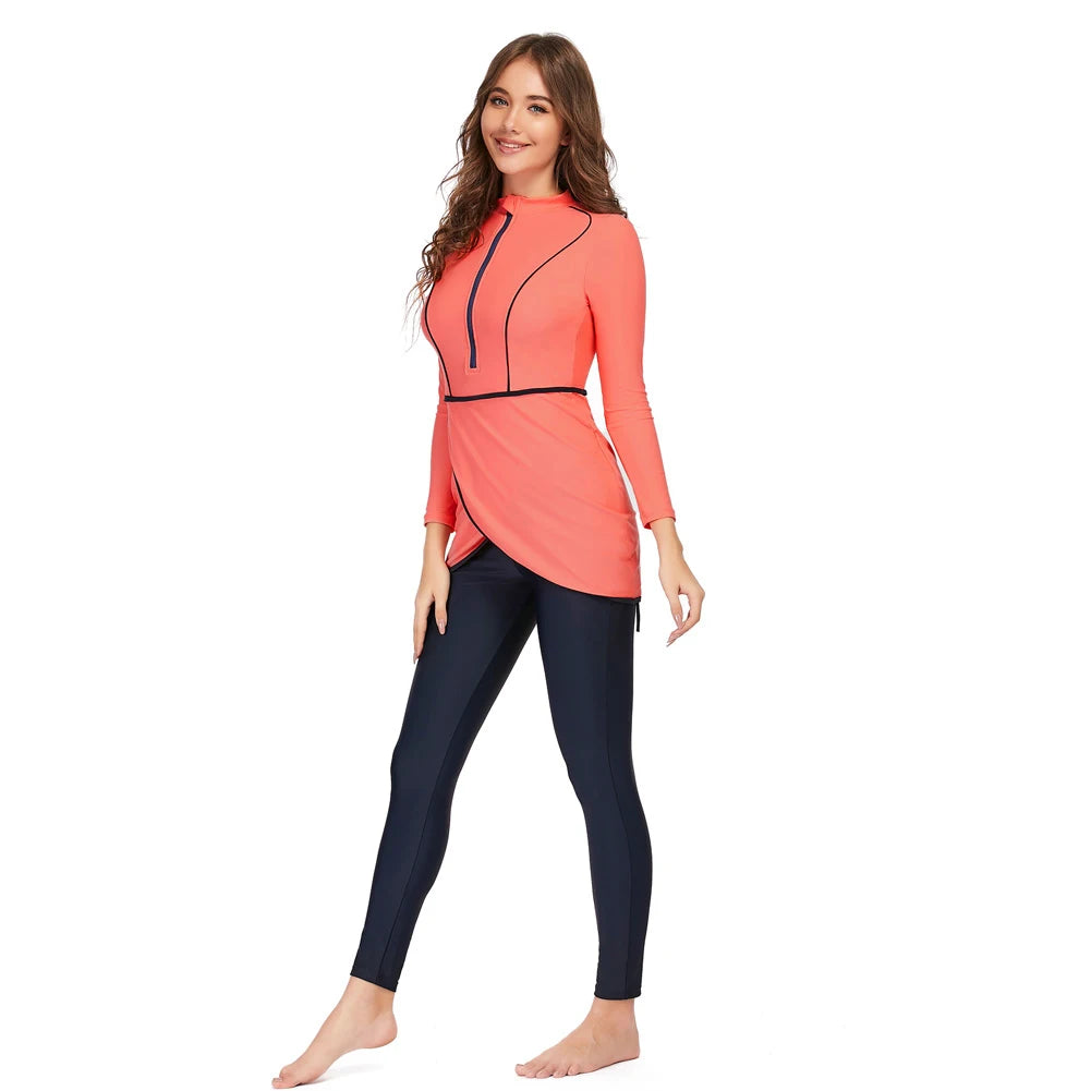 New Muslim Swimwear Women Modest Patchwork Hijab Long Sleeves Sport Swimsuit