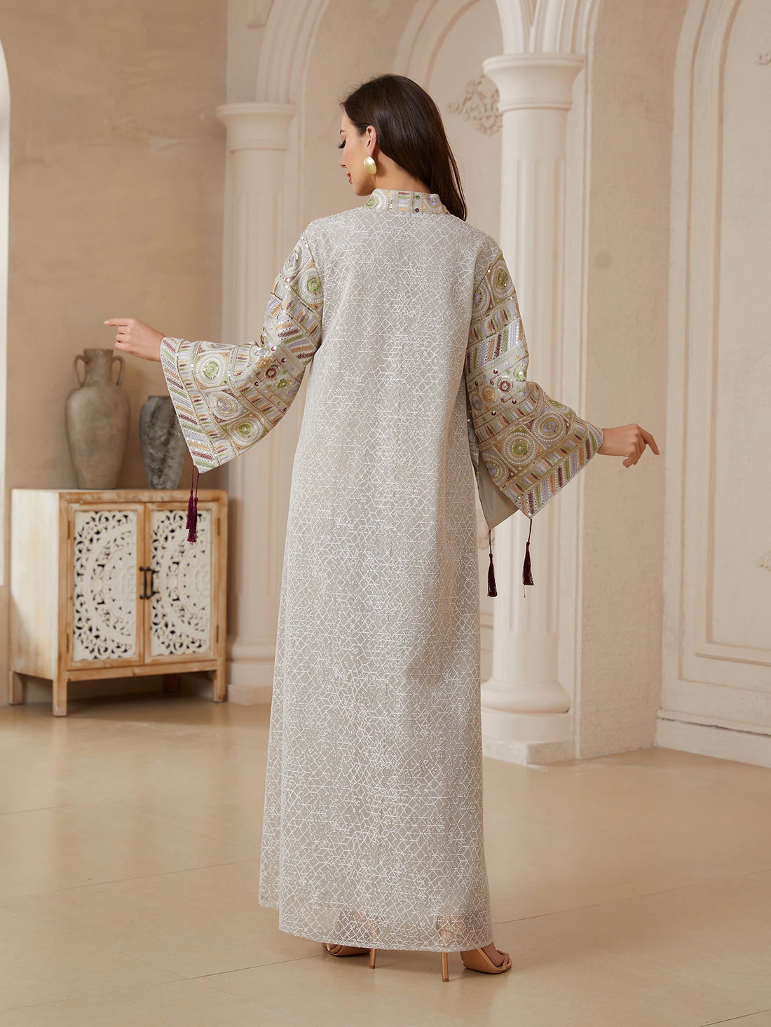 Mesh Sequin Embroidery Caftan – Stand Collar Elegant Dress