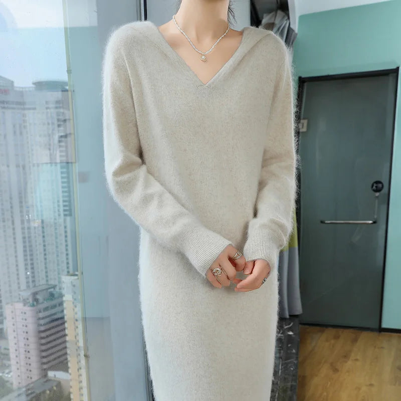 100% Pure Mink Cashmere Knitted Hooded Collar Dress