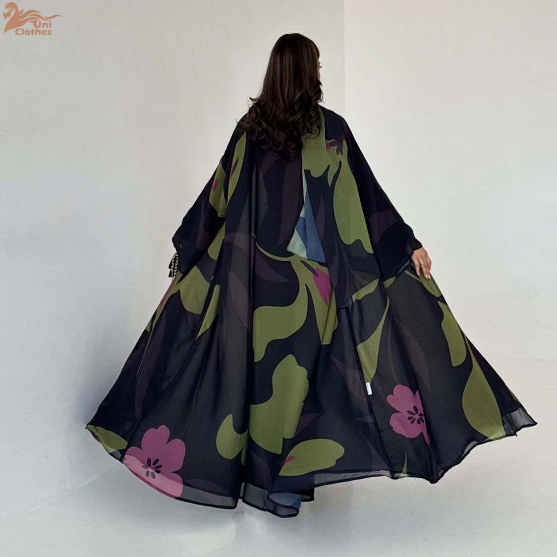 Dubai Floral Print Open Abaya – Long Sleeve Kaftan with Hijab