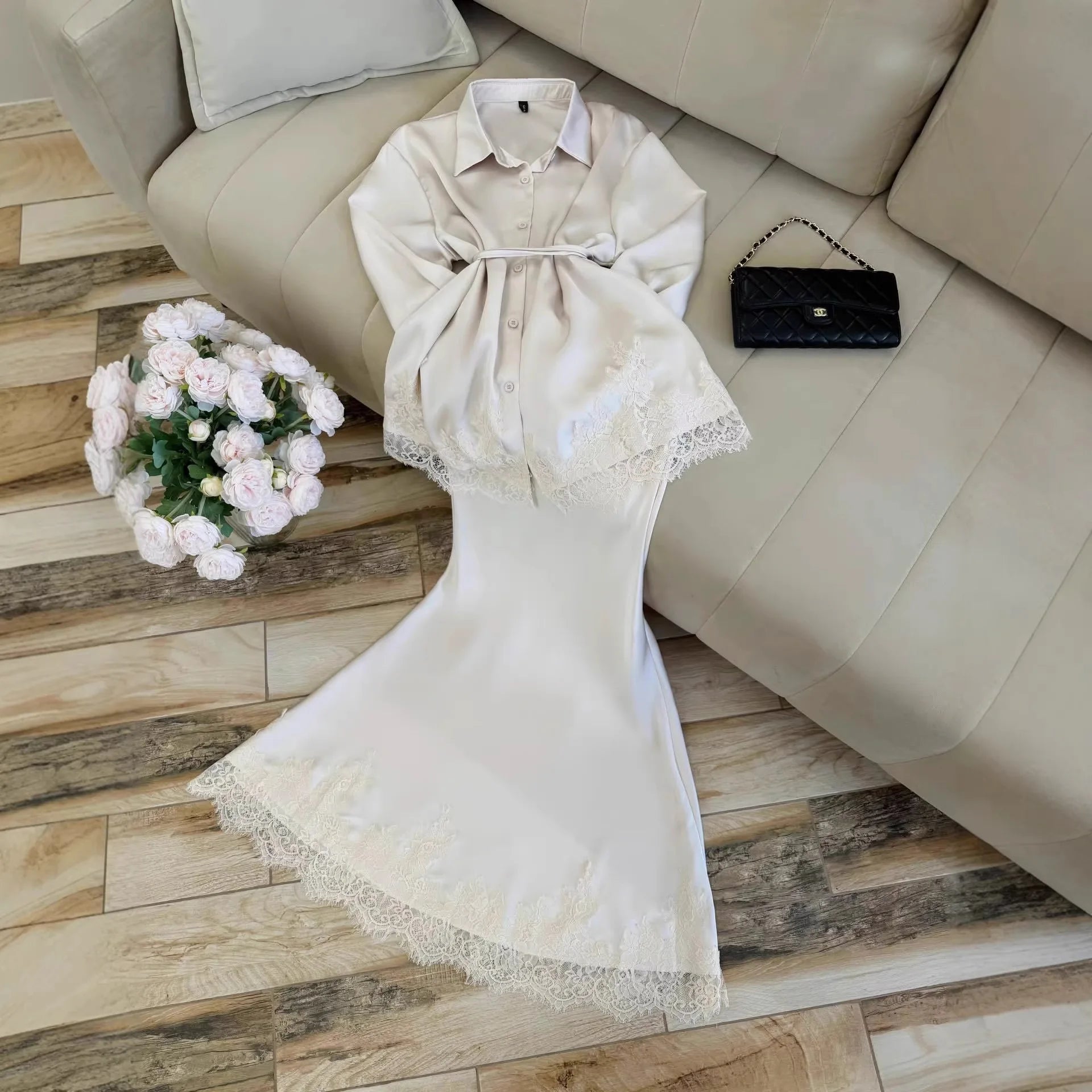 Women Two Piece Sets Skirt Set Turn Down Collar Lace Streetwear