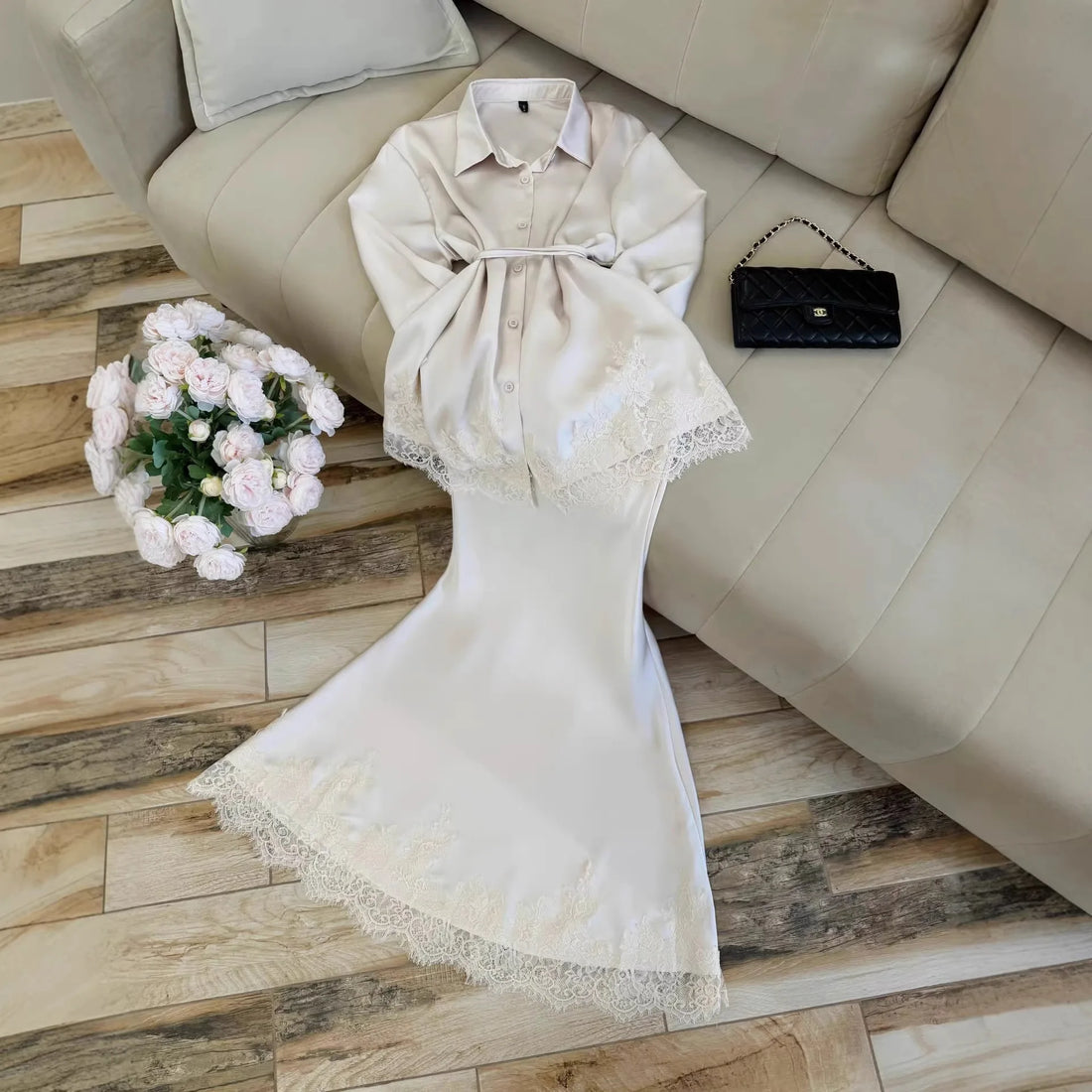 Women Two Piece Sets Skirt Set Turn Down Collar Lace Streetwear