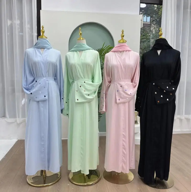 Women Heart Embroidery Long Sleeved Cardigan Muslim Abaya