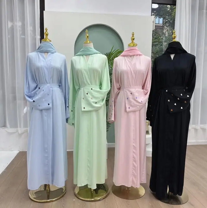 Women Heart Embroidery Long Sleeved Cardigan Muslim Abaya