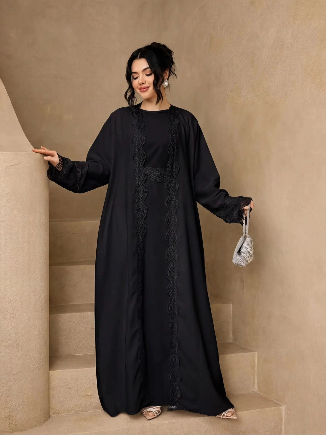 3-Piece Lace Trim Open Abaya Set – Modest Dress with Hijab & Belt