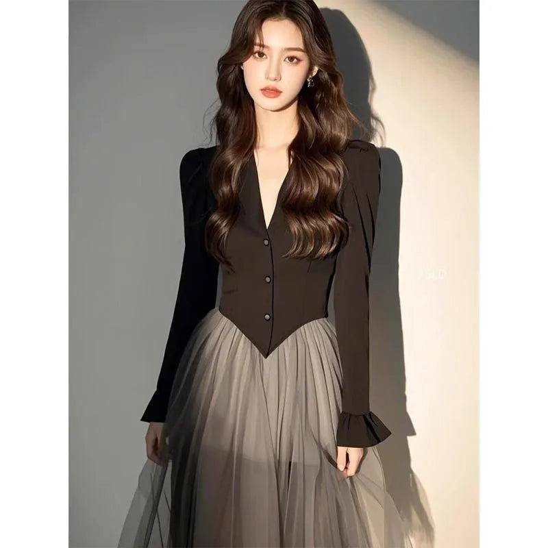 Women's Black Blazer Style Patchwork Ombre Tulle Maxi Dress