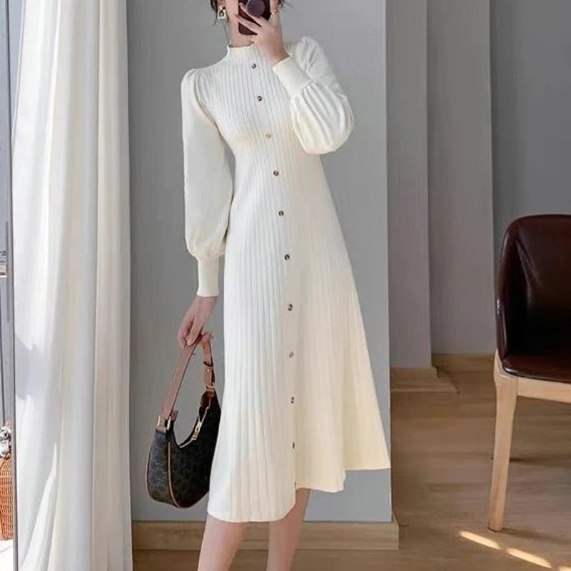 Spring Autumn Solid Color Midi Dress