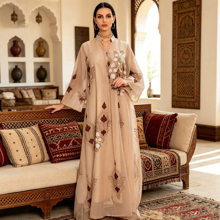 Sequin Leaf Embroidery Long Robe – Elegant Islamic Dress
